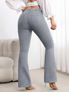 SHEIN PETITE Women's High Waist Pockets Casual Versatile Flare Leg Jeans Flare Jeans Women Jeans Women High Waist Gray Jeans Pants Flare Leg - Grey - View 2