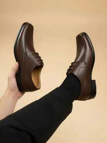 Hombre zapato formal cuero clásico punta cuadrada cordones tacón bajo elegante oficina boda calzado social - Café integral - Ver 1