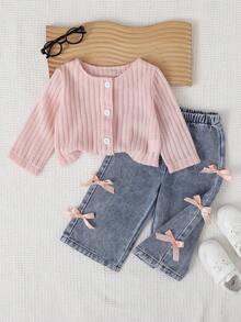 SHEIN 2 件套女婴休闲纹理针织开衫夹克和可爱蝴蝶结牛仔裤套装，适合春秋季日常穿着 - 彩色 - 查看 8