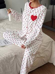 SHEIN Heart Embroidered Flannel Women Cozy Long Sleeve Top & Pants Fluffy Pajama Set, Winter Clothes - Red - View 5