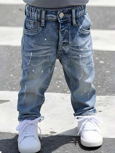 SHEIN Playful Pals Young Boys Denim Jeans, Mid-Blue Casual Jeans For Toddler Boys, Cute Cat Whisker Distressed Design, Slim Fit, Stretchy Soft Fabric, Suitable For Daily Wear, School And Commute, All Season Boys Jeans Distressed Clothes Boys