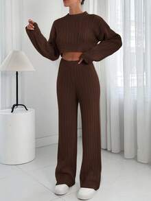 EURMUSE 2pcs Women Solid Color Stand Collar Long Sleeve Sweater Top And Long Pants Casual Knitwear Set - Brown - View 3