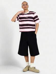 SUMWON Stylish Oversized Boxy Cropped T-Shirt Striped Summer Street Style Casual Skater Fashion Festival Streetwear - Pink - View 3