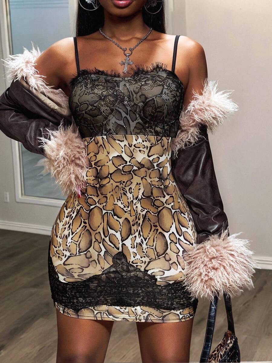 Slaydiva Nuevo lanzamiento de verano 2025, adecuado para fiesta de cumpleaños, vuelta al colegio, estilo campus, uso diario, casual, vacaciones, viajes en crucero, playa, tomar el sol, elegante, ir al trabajo, vestido mini con dobladillo de encaje y recorte de busto con estampado de leopardo, tirantes ajustables, vestido de verano para mujer - Multicolor - Ver 1