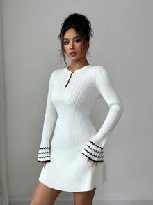 Elenzga Round Neck Button Striped Flare Sleeve Contrast Color Ruffle Hem Hollow A-Line Sweater Dress For Women - Multicolor - View 3
