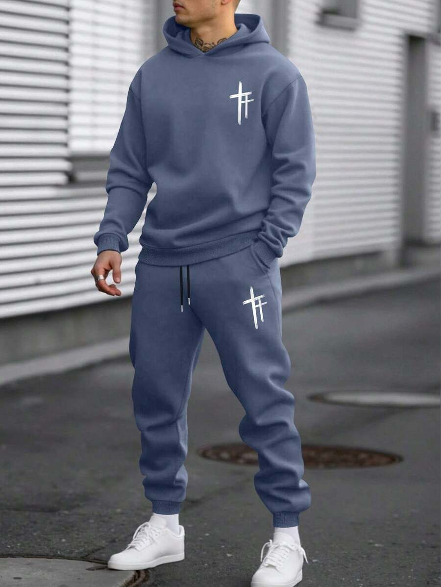 EGENSIO 男士十字印花长袖上衣休闲简约风保暖卫衣和运动裤套装，秋冬舒适保暖，秋冬时尚，冬季服装，秋季圣诞礼物 - 霧霾藍 - 查看 1