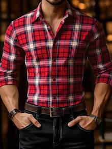 Manfinity Homme 男士时尚商务格子衬衫，长袖纽扣正装衬衫，办公室穿着，春秋季，复古风格，抗皱快干不透明面料，质地光滑，经典领口设计，适合通勤、商务、派对、街头风格 - 紅色 - 查看 3
