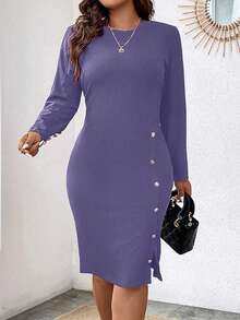 EMERY ROSE Plus Size Casual Solid Color Fitted Dress - Mauve Purple - View 5