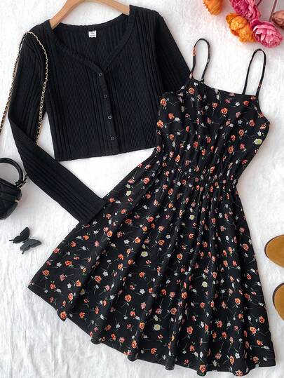 SHEIN Teen Girls Autumn/Winter Black Textured Knit Long Sleeve Cardigan Sweater & Ditsy Floral Slip Dress 2 Pieces Casual Vintage Outfit