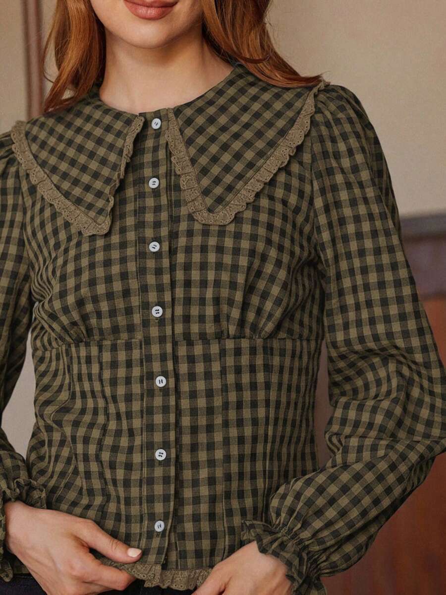 WESTFADE Chemise à manches longues ajustée avec col à volants et boutons, style country, mignonne pour l'automne pour les femmes - Multicolore - Voir 1