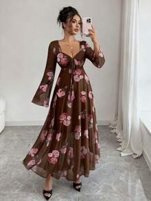 Selianne 女士时尚优雅迷人玫瑰印花甜心领扭结前襟不对称荷叶边下摆弹力网纱喇叭袖度假浪漫中长A字连衣裙 - 彩色 - 查看 7