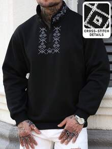 Manfinity Homme Suéter Casual de Estilo de Férias Masculino com Detalhe em Ponto Cruz, Gola Alta Solta com Zíper Até Metade, Suéter com Zíper Até Metade Trimestre, Suéter Masculino com Ponto Cruz, Suéteres Masculinos - Preto - Visão 3