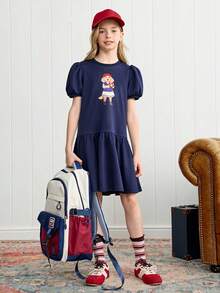 Joliand Joliand 1pc Tween Girls Elegant School Style Casual Urban Cute Puppy Pattern Navy Blue Puff Sleeve Round Neck Dress, Suitable For Outings, Gatherings, Back To School, Summer, Autumn Girl Navy Dress Girls Jersey Dress Dog Print Dress Girls Back To School Dress Girls Navy Blue Dress Back To School  School  Clothes School Supplies ColorfulJoy Backtoschool - Navy Blue - View 6