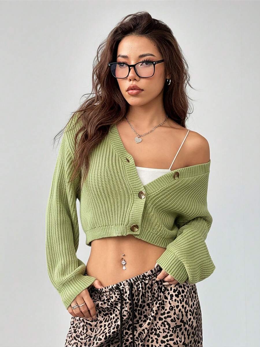 SHEIN PETITE White Lantern Sleeve Button Front Rib Knit Cardigan,Off The Shoulder Sweater In Fall/Winter Cardigan Cropped Crop Top Sweater Knit Tops Off Shoulder Sweater - Mint Green - View 1
