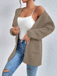 EURMUSE Dual Pocket Drop Shoulder Open Front Cardigan - Light Grey - View 3