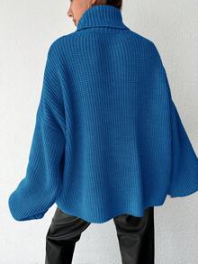 EURMUSE 女士纯色高领落肩长袖宽松休闲毛衣，秋冬 - 寶藍色 - 查看 2