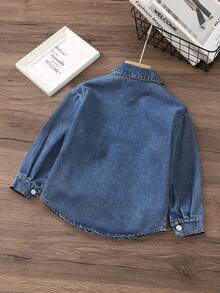 SHEIN Young Boy's Denim Shirt With Pockets, Letter Print & Logo, Casual Fashion, Cool Back To School Style - Dark Wash - View 2