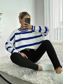 Striped Pattern Drop Shoulder Sweater - Blue and White - View 3