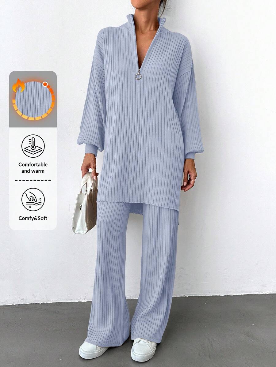 EURMUSE Women's Solid Color Zip-Up Half Placket Drop Shoulder Long Sleeve Long Sweater And Flared Pants Casual 2-Piece Set, Autumn/Winter - Baby Blue - View 1