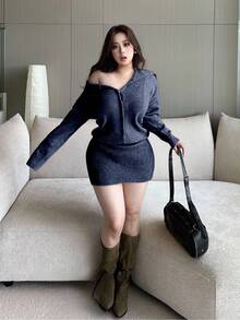 Flirla 大码女式纯色翻领纽扣前针织毛衣裙，适合秋冬季、返校/通勤穿着 - 寶藍色 - 查看 6