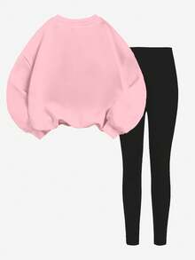 SHEIN Leap Crew 两件套少女休闲简约蝴蝶结装饰圆领加厚柔软卫衣和修身打底裤套装，适合秋冬季节，休闲穿搭，舒适易穿，适合儿童秋季叠穿，时尚童装，休闲服饰，返校季，秋季服装，返校节，适合户外活动、外出、街拍、居家穿着。 - 粉色 - 查看 2