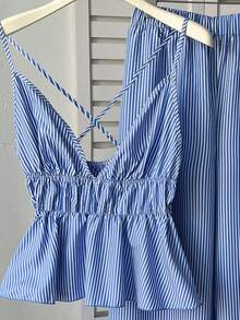 Franclia Plus Size Striped Camisole And Striped Pants 2 Pieces Set - Blue - View 3