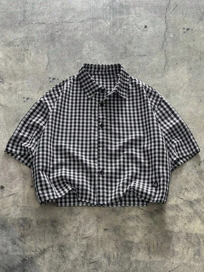 AXEPEAK 1개 남성 Y2K 재미있는 캐주얼 핏 하이 스트리트 빈티지 스타일 체크무늬 크롭 셔츠 학교 복귀, 할로윈