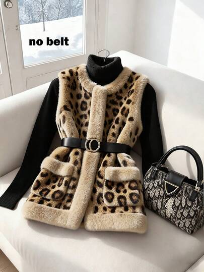 Franclia Damska kurtka bez rękawów z polaru z nadrukiem w panterkę, bez paska, jesień/zima