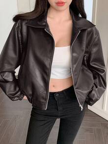 DAZY 女士宽松休闲户外街头风棕色PU皮夹克，秋冬季时尚百搭 - 巧克力棕 - 查看 5