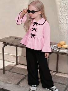 SHEIN Elladie kids 2 件套：宽松白色喇叭袖上衣，搭配黑色蝴蝶结装饰和舒适黑色休闲裤 - 粉色 - 查看 1