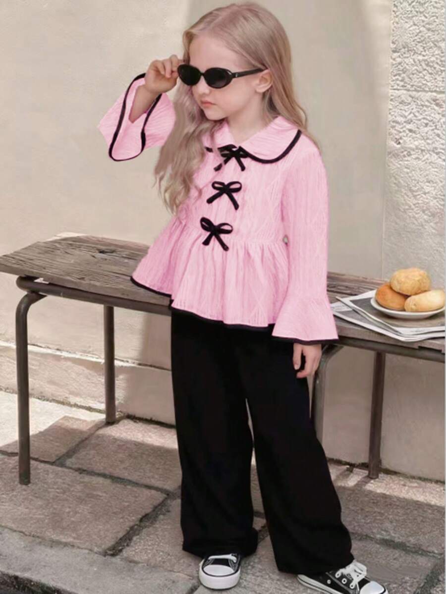 SHEIN Elladie kids 2 件套:宽松白色喇叭袖上衣,搭配黑色蝴蝶结装饰和舒适黑色休闲裤 - 粉色 - 查看 1