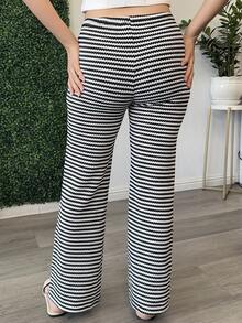 Andrea Bello Women's Summer Knitted Drawstring Straight Leg Striped Casual Pants - Black and White - View 2
