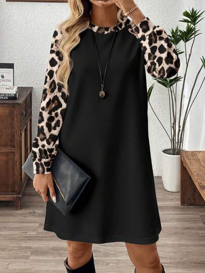 EMERY ROSE Women's Casual Round Neck Raglan Sleeve Loose Short Dress, Leopard Print, Suitable For Autumn/Winter,Cheetah Print