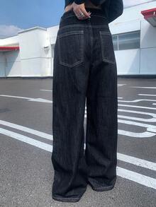 DAZY 女士休闲时尚街头时尚百搭通勤孔眼细节宽松阔腿牛仔裤 - 藏蓝色 - 查看 2