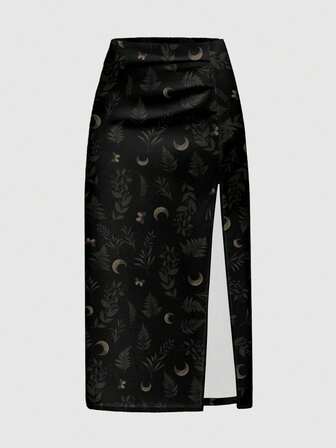 Goth Gonna nera e verde con stampa di foglie, sole e luna, stile gotico scuro e misterioso, con spacco alto, per donne