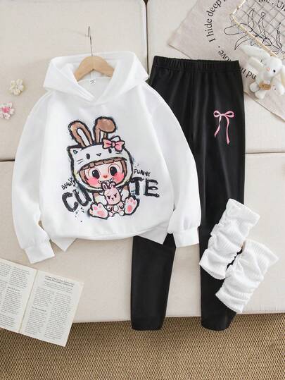Genkimix Kids Tween Girl Minimalist Cartoon Graffiti Print Fleece Hoodie Sweatshirt Paired With Black Skinny Leggings And White Leg Warmers, Casual Outfit For Autumn