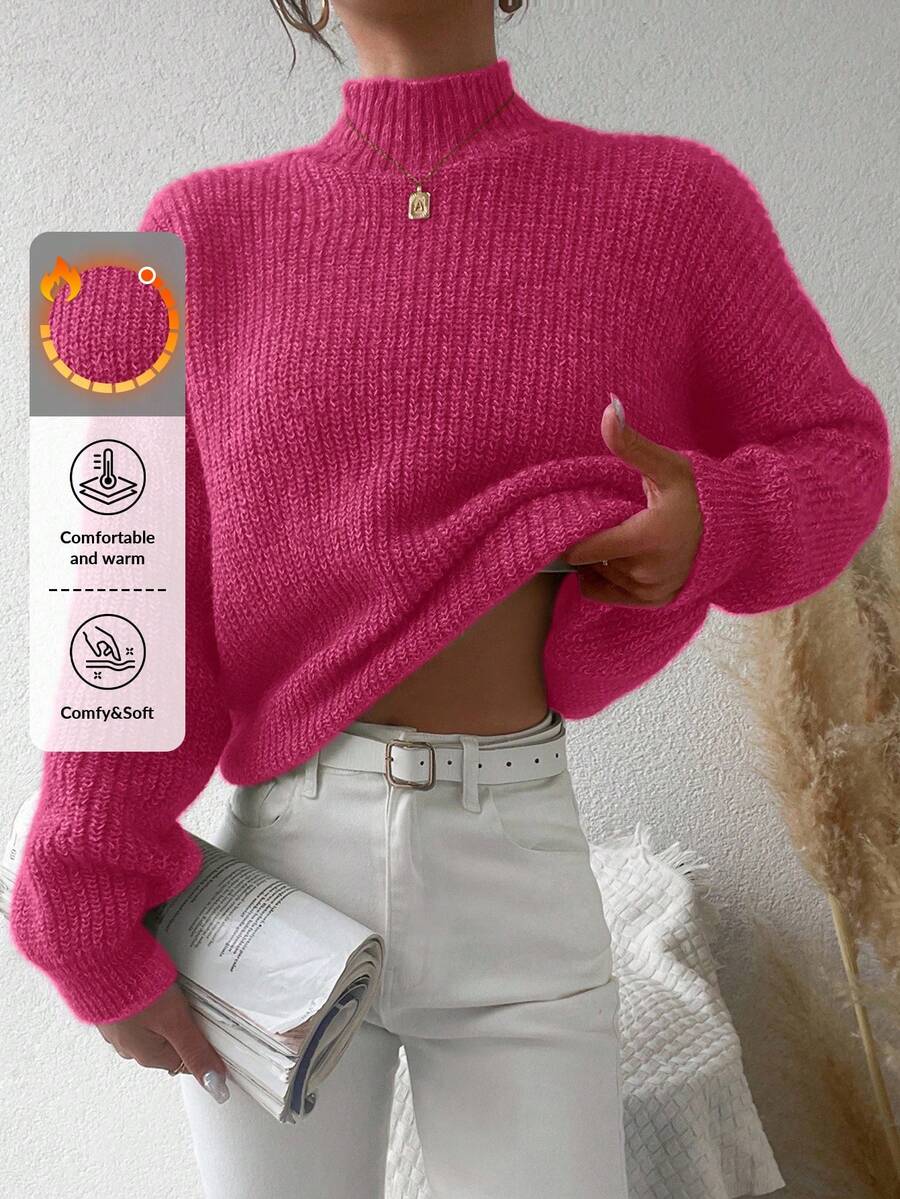 EURMUSE Mock Neck Drop Shoulder Sweater - Hot Pink - View 1