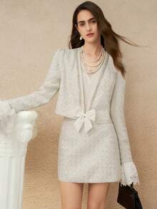 Cévolie French Elegant Sequin Tweed Bow Decor Jacket And Skirt Set - Beige - View 1