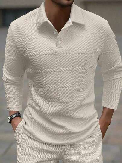 Manfinity Homme Men's Jacquard Fabric Button Placket Long Sleeve Polo Shirt, Spring And Autumn,White Button Up Men Polo Shirt