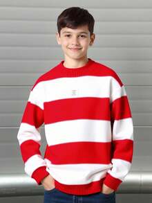 SHEIN Tween Boy 条纹贴花圆领长袖毛衣 - 紅白色 - 查看 7