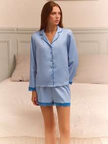 lacRébo Blue Satin Long Sleeve Button Front Pyjama Top And Shorts Set With Lace Trim Detail Cute Cosy Vintage Style Auutmn Winter - Baby Blue - View 1