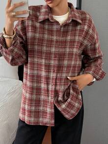 DAZY Damen Karo Loose Hemd mit Umlegekragen, Langarm, Kaffeebraun, Frühling/Sommer/Herbst