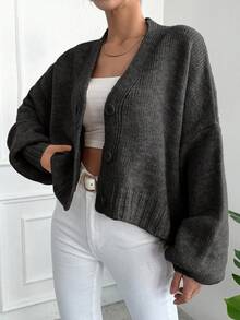 EURMUSE Women's Solid Color Drop Shoulder Long Sleeve Single-Breasted Knit Cardigan, Autumn/Winter - Dark Grey - View 3
