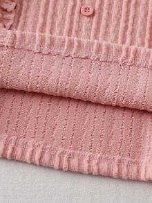 Set de 2 piezas Estilo coreano dulce y lindo para niñas pequeñas: Blusa de manga larga con cuello de volantes texturado + Pantalones vaqueros rectos con decoración de lazo bordado, adecuado para vacaciones, viajes, vuelta al colegio, primavera/otoño/invierno