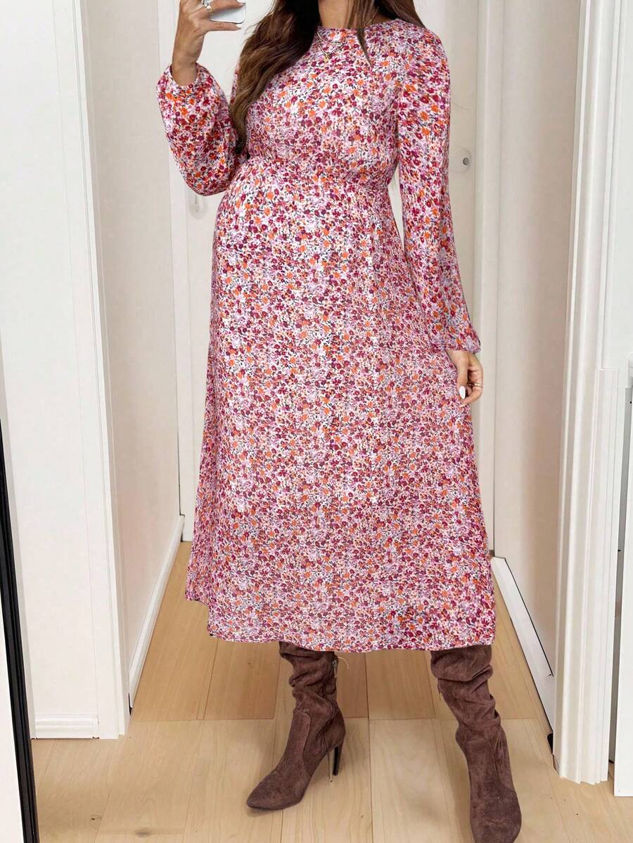 SHEIN 孕妇花卉印花圆领长袖连衣裙 - 彩色 - 查看 1