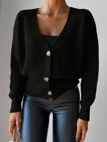 EURMUSE Lockeres Cardigan Mit Fallenden Schultern Und Knöpfen Am Oberteil - Armeegrün - Übersicht 3