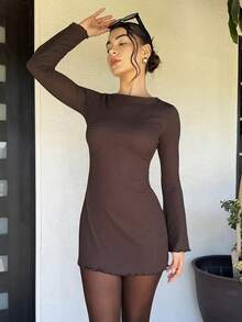 Andrea Bello 1 件女式休闲纯色优雅喇叭袖连衣裙，春夏 - 咖啡棕 - 查看 4