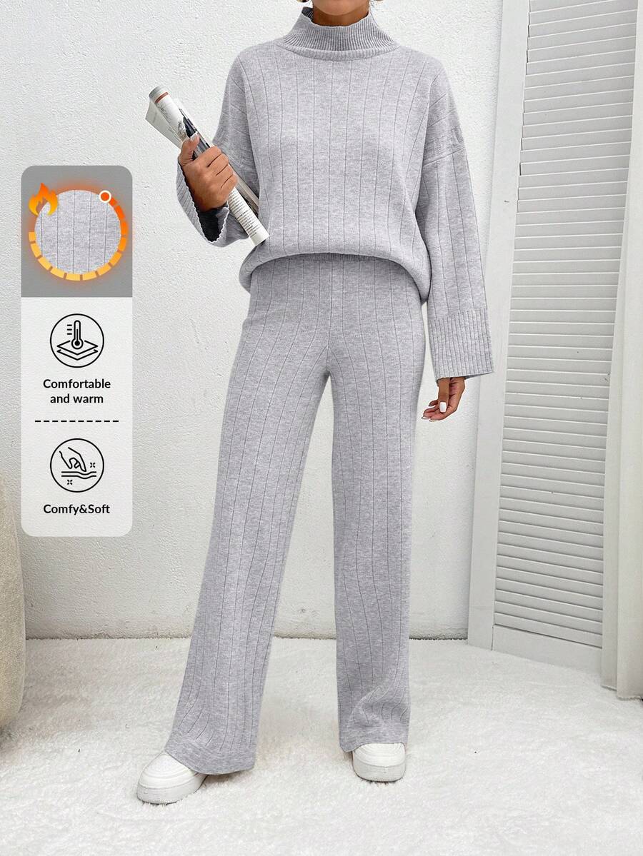 EURMUSE Ensemble deux pièces de pull à manches longues et pantalon en tricot de couleur unie - Gris pâle - Voir 1
