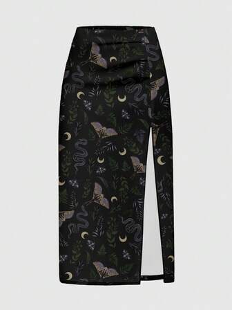 Goth Gonna lunga con spacchi alti, stampa di piante, falene, serpenti, luna e stelle, in stile gotico e misterioso Mori, per donne