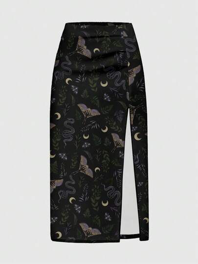 Goth Jupe fendue haute avec imprimé feuille de plante, papillon de nuit, serpent, lune et étoile dans un style gothique mystérieux mori pour femmes